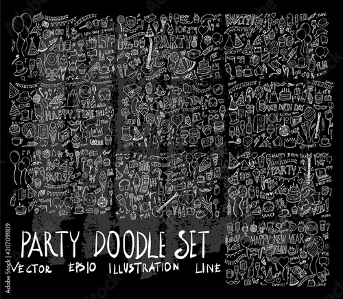 Hand drawn Sketch doodle vector line Party element icon set on Chalkboard eps10