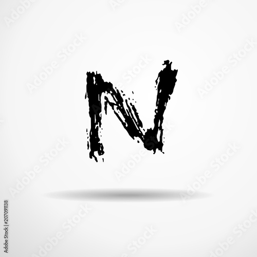 Letter N. Handwritten by dry brush. Rough strokes textured font. Vector illustration. Grunge style alphabet.