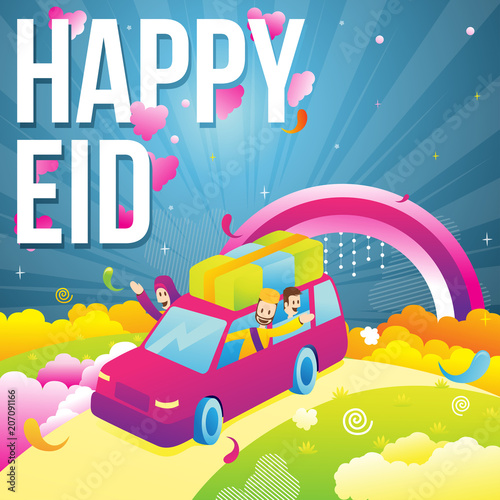 illustration of happy islamic family in the car celebrating and enjoying eid mubarak celebration © ghinan