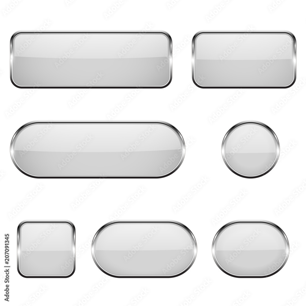 White glass oval, round, square buttons with chrome frame. 3d icons White glass oval, round, square buttons with chrome frame. 3d icons