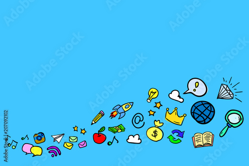 Bright and colorful icons in the style of a hand drawing on a bl