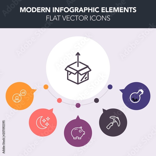 Modern, simple, colorful vector infographic background with economy, moonlight, bank, science, construction, moon, tool, house, delivery, laptop, building, home, carton, cash, sky, machinery icons