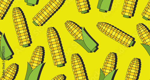 Seamless pattern with corn, thin line style. isolated on green background