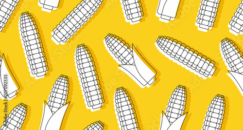 Seamless pattern with corn, thin line style. isolated on yellow background