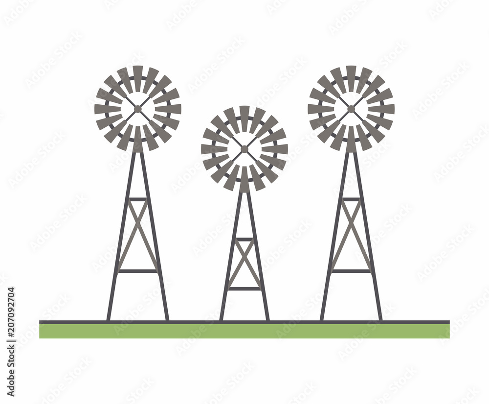 Three windmill, flat style. vector background