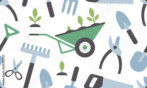 seamless pattern with gardening instruments. flat style. isolated on white background