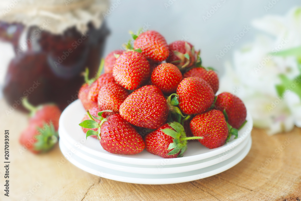 Strawberry Jam and Fresh Strawberries Textured Cement Gray Background and Jam Jar Strawberry Jam and Fresh Strawberries Textured Cement Gray Background and Jam Jar