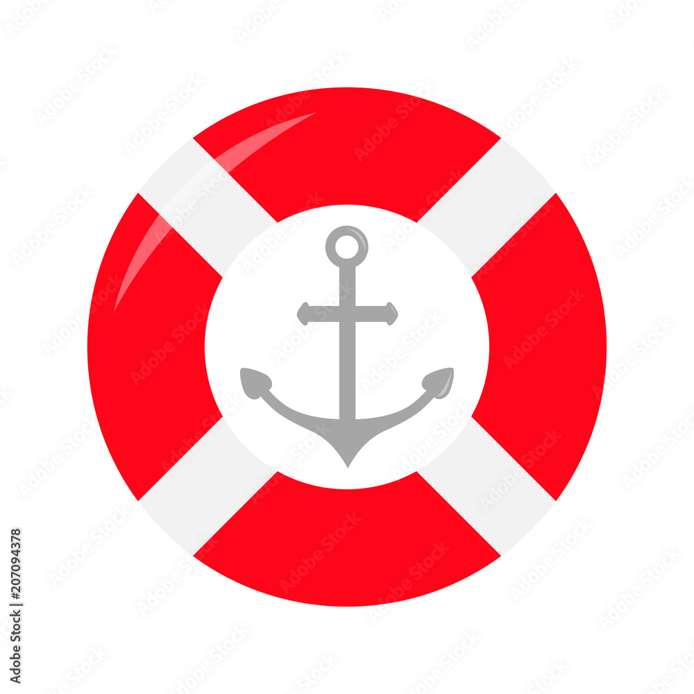 Red lifebuoy ring Ship anchor icon. Life buoy round circle for safety at sea ocean water. Nautical sign symbol. Flat deisgn. White background. Isolated. Red lifebuoy ring Ship anchor icon. Life buoy round circle for safety at sea ocean water. Nautical sign symbol. Flat deisgn. White background. Isolated.
