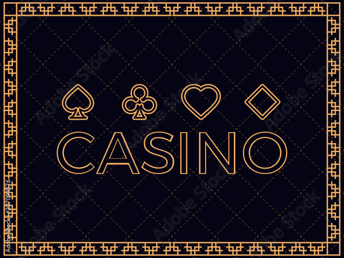 Casino background with art deco frame and card suits. Design a template for invitations, leaflets and greeting cards. The style of the 1920s - 1930s. Vector illustration