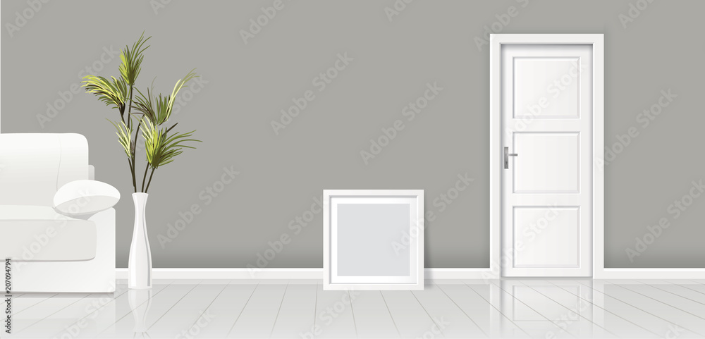 Element of architecture - vector background grey wall width closed white door and frame for picture Element of architecture - vector background grey wall width closed white door and frame for picture