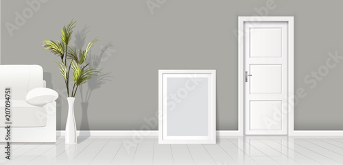 Element of architecture - vector background grey wall width closed white door and frame for picture 