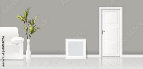 Element of architecture - vector background grey wall width closed white door and frame for picture 