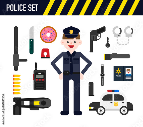 police character and object icons vector flat graphic design illustration set