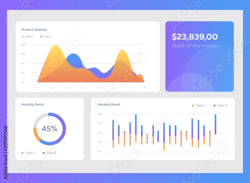 Infographic dashboard template with flat design graphs and charts. Information Graphics elements