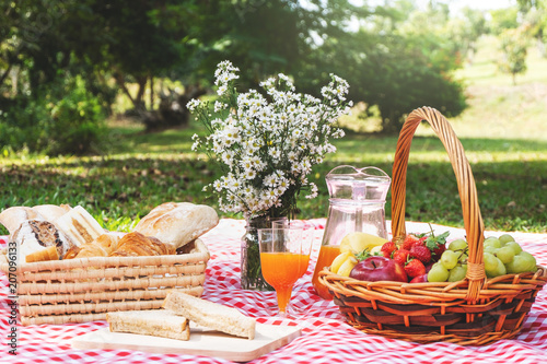 Picnic basket on grass field, food & drink on blanket with forest background