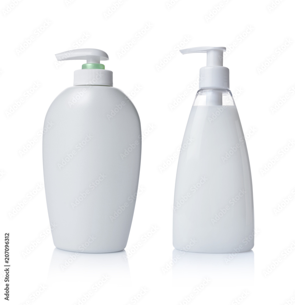 Blank white mockup dispenser plastic and glass bottles of cosmetic products