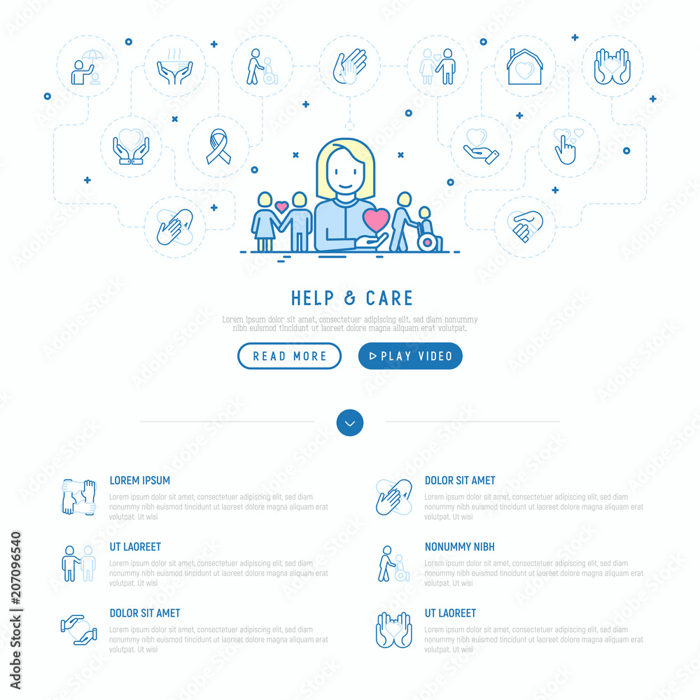 Help and care concept with thin line icons: symbols of support, help for children and disabled, togetherness, philanthropy and donation. Vector illustration, web page template. Help and care concept with thin line icons: symbols of support, help for children and disabled, togetherness, philanthropy and donation. Vector illustration, web page template.
