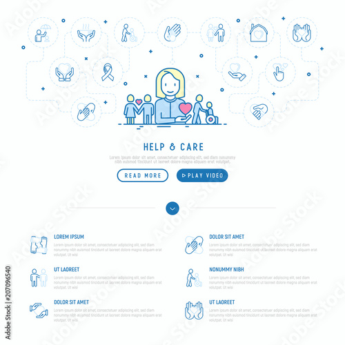 Help and care concept with thin line icons: symbols of support, help for children and disabled, togetherness, philanthropy and donation. Vector illustration, web page template.