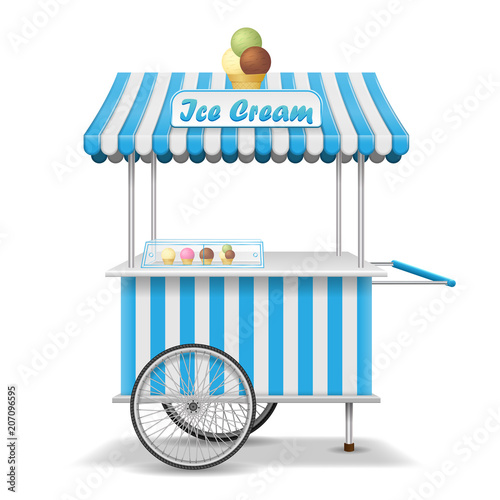 Realistic street food cart with wheels. Mobile pink ice cream market stall template. Ice cream kiosk store mockup. Vector illustration