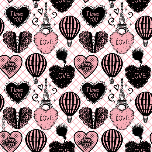 Vector Seamless Pattern Balloon and Paris Eiffel Tower