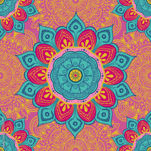 Fototapeta Naklejka Na Ścianę i Meble -  Flower mandala colorful background for cards, prints, textile and coloring books. Seamless pattern