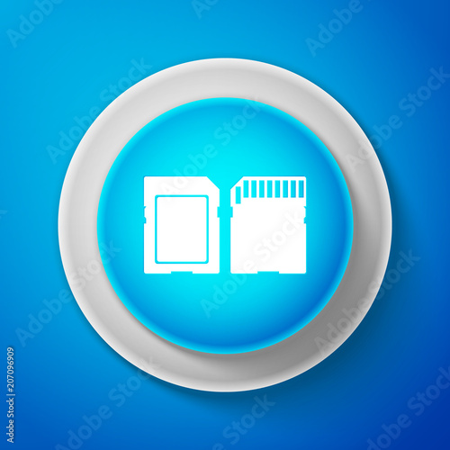 White SD card icon isolated on blue background. Memory card. Adapter icon. Circle blue button with white line. Vector Illustration