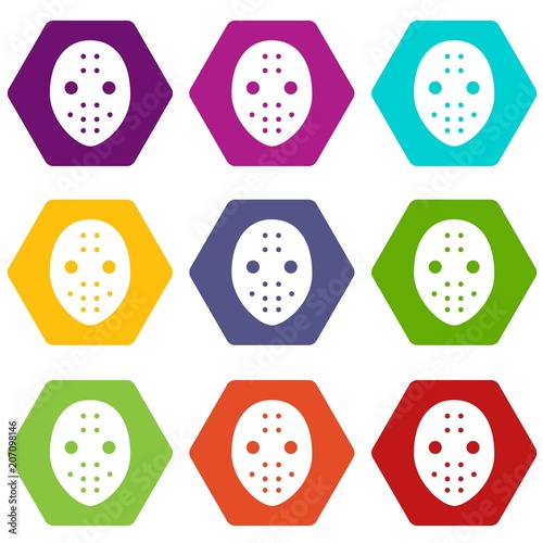 Hockey goalkeeper helmet icons 9 set coloful isolated on white for web photo