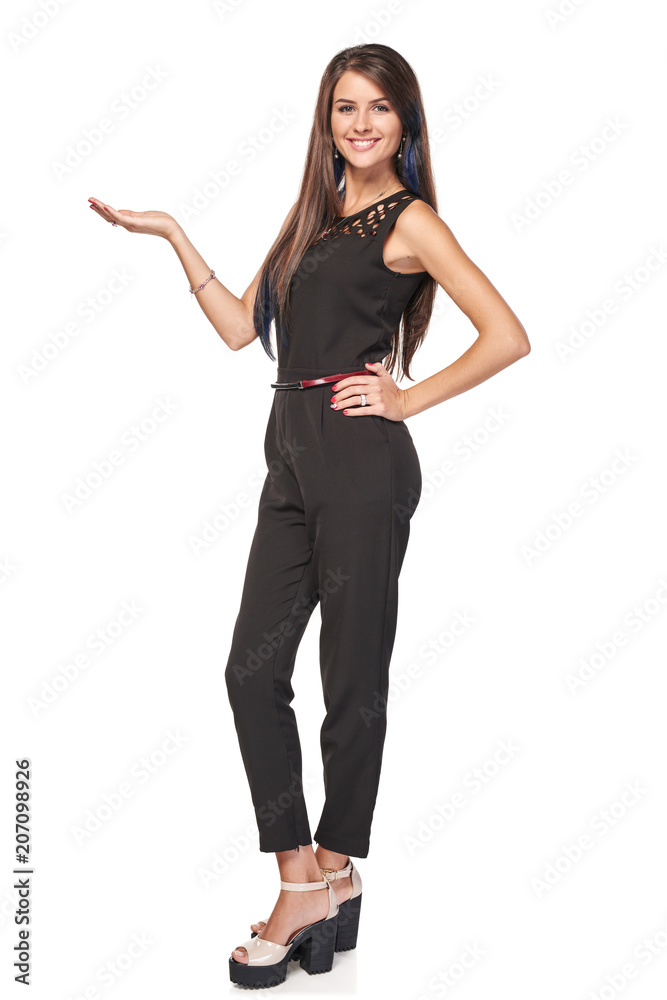 Full length business woman showing holding on the palm blank copy space over white background Full length business woman showing holding on the palm blank copy space over white background