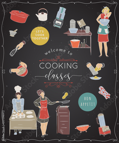 Cooking classes.Design template with people preparing meals, kitchen utensils and appliances. Isolated elements on white background. Vector illustration in sketch style 