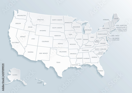 Vintage colorful United State of America map with city names. Vector.