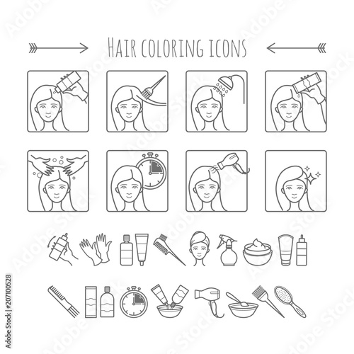 Hair coloring and styling process. 8 Steps of how to change hair color in salon or at home.Vector icons