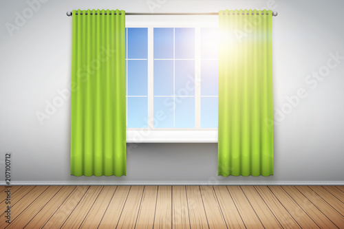 Example of an empty room with white walls and window. Simple interior without furnish and furniture. Curtains are unfolded. Sunlight falls through the curtains. Vector.