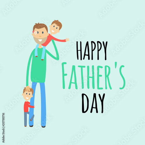 Funny cartoon fathers day greeting card with dad and two small sons 