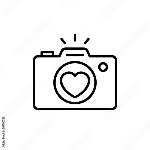 wedding party camera photography documentation icon. camera with love lens illustration for wedding concept design. simple clean monoline symbol.