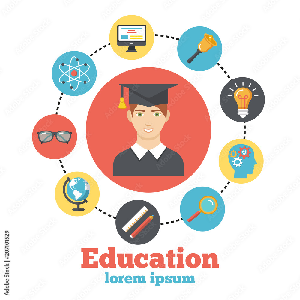 Education flat poster with colorful icons Education flat poster with colorful icons