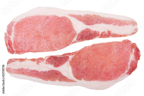 Close up of two raw bacon slices isolated on white. From above