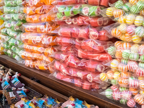 The colors of sweet turkish delight on street markets in old cities of Turkey.