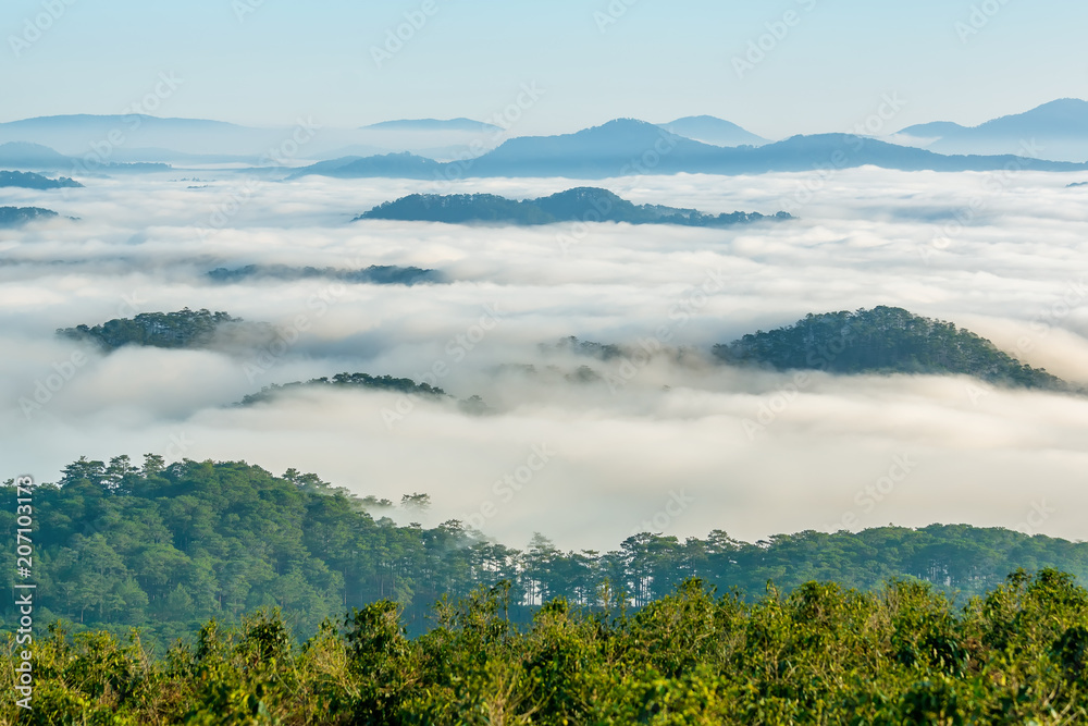 Landscape under morning fog covered the valley like clouds floating in wonderful idyllic highlands of Dalat, Vietnam
