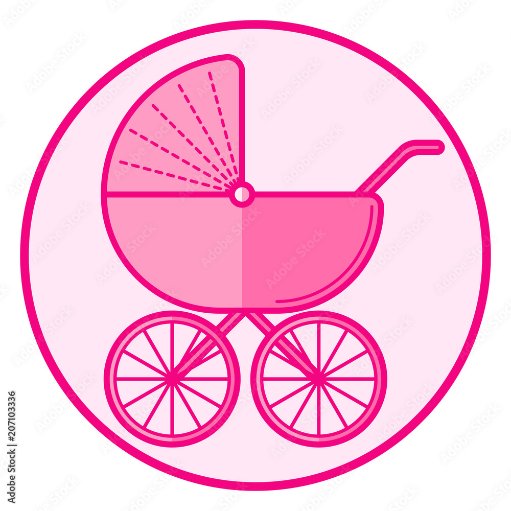 Stroller. Pink baby icon on a white background, line art vector design. Stroller. Pink baby icon on a white background, line art vector design.