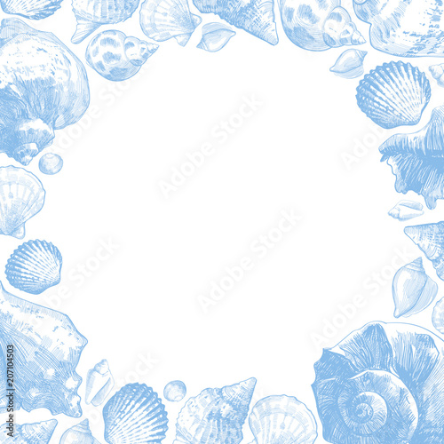 Seashells frame for your ocean life design. Elegant shells border. Summer template collection