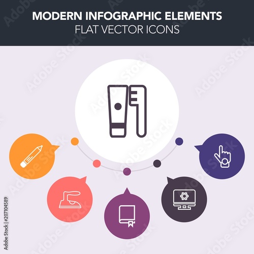 Modern, simple, colorful vector infographic background with office, toothbrush, home, hand, encyclopedia, pencil, human, hygiene, technology, stationery, direction, brush, clean, study, finger icons