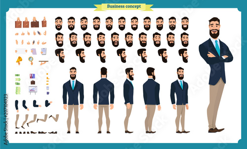 People character business set. Front, side, back view animated character. Businessman character creation set with various views, face emotions, poses and gestures. flat isolated vector