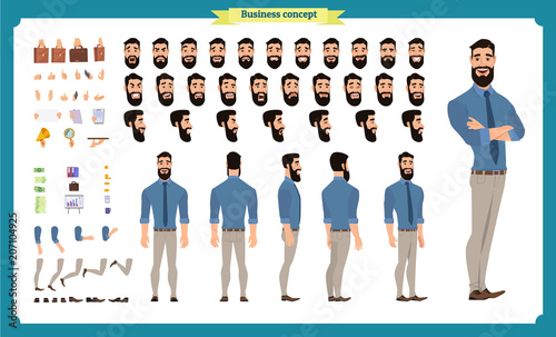 People character business set. Front, side, back view animated character. Businessman character creation set with various views, face emotions, poses and gestures. flat isolated vector