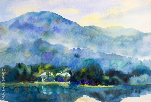 Painting landscape colorful of mountain,lagoons and home in morning