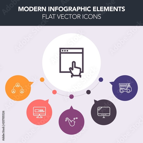 Modern, simple, colorful vector infographic background with technology, sign, truck, trumpet, organization, dumper, web, music, manager, heavy, bugle, dump, car, hierarchy, cargo, team, company icons