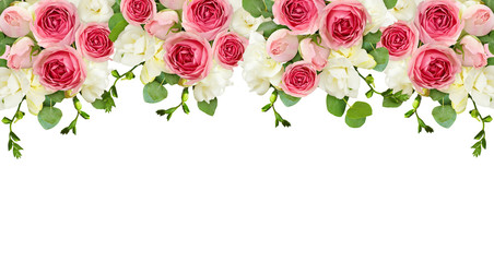 Eucalyptus leaves, freesia and pink rose flowers in a top border arrangement