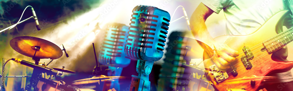 Obraz premium Projekt muzyka i koncerty Rozrywka i festiwal muzyki Gitara i gitara na scenie Rocznika mikrofon świadczenia 3 d.