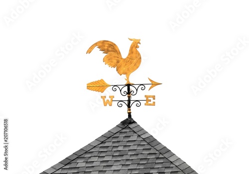 Golden weather vane chicken on roof isolated on white background