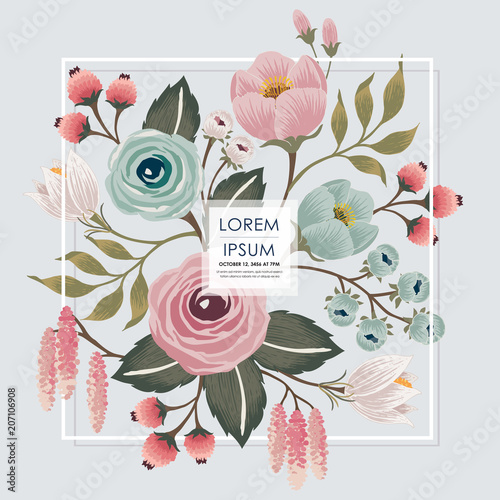  Vector illustration of a floral frame in spring for Wedding, anniversary, birthday and party. Design for banner, poster, card, invitation and scrapbook 				