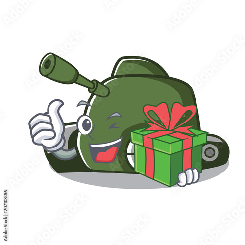 With gift tank mascot cartoon style